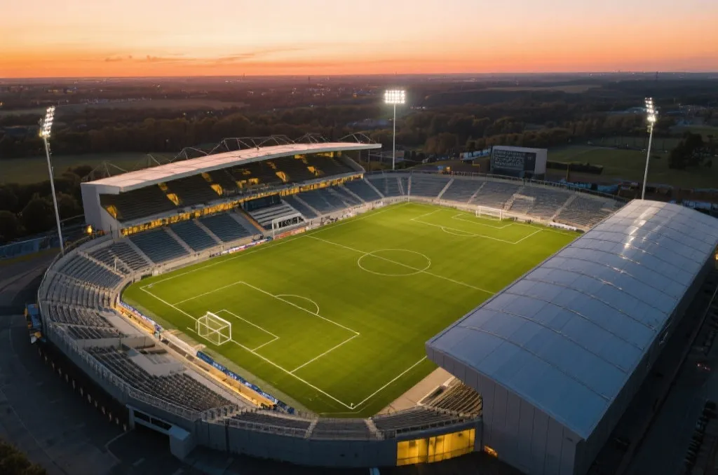 An aerial editorial view of a modern, generic soccer stadium pitch during sunset, empty but beautifully lit, emphasizing scale and readiness.